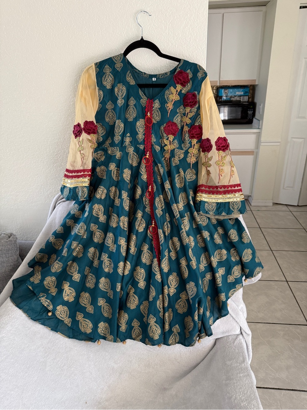 Teal & Cream Embroidered Floral one pic cotton kurta Anarkali Dress